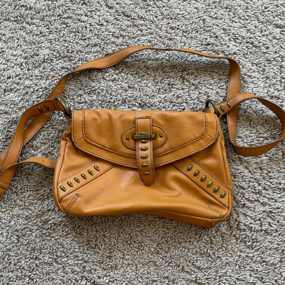 Tan Leather Studded Crossbody Shoulder Bag